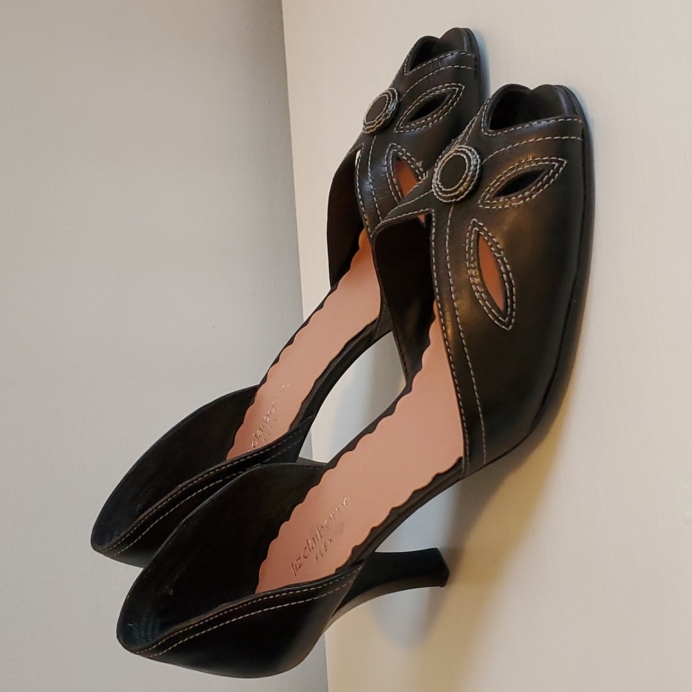 Liz Claiborne Flex Black Leather Giselle Peep Toe Heels, 8.5M